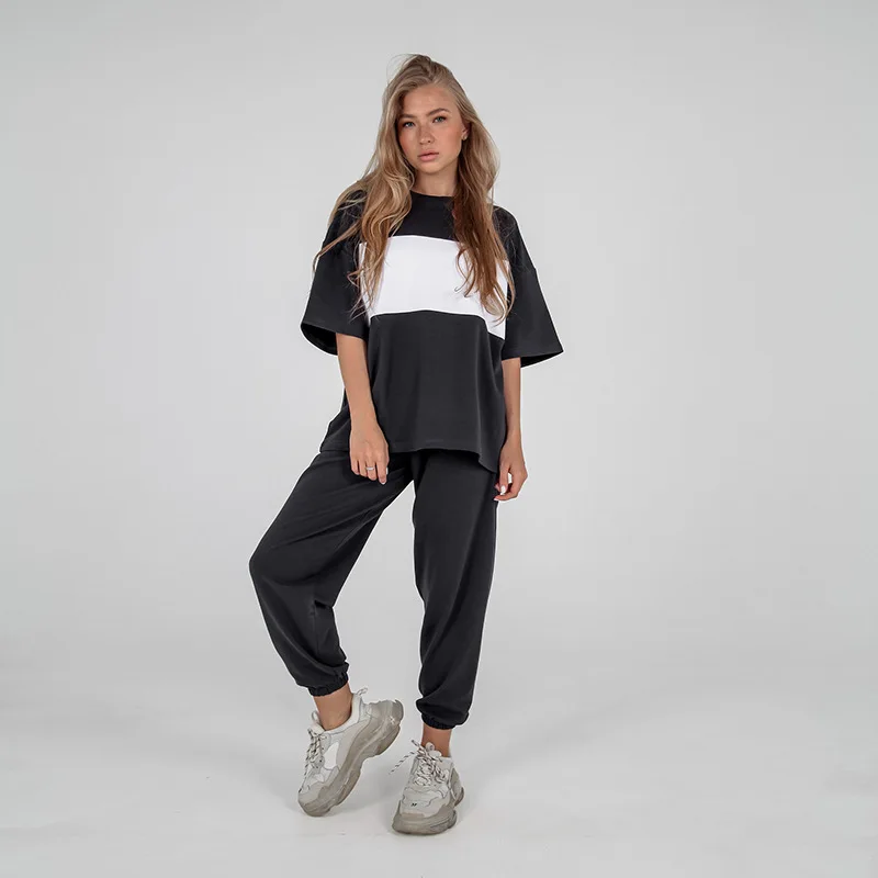 Women's Casual Suit New Fashion Loose Color Contrast Round Neck Short-sleeved T-shirt Sports Pants 2 Pieces Ropa Mujer Juvenil