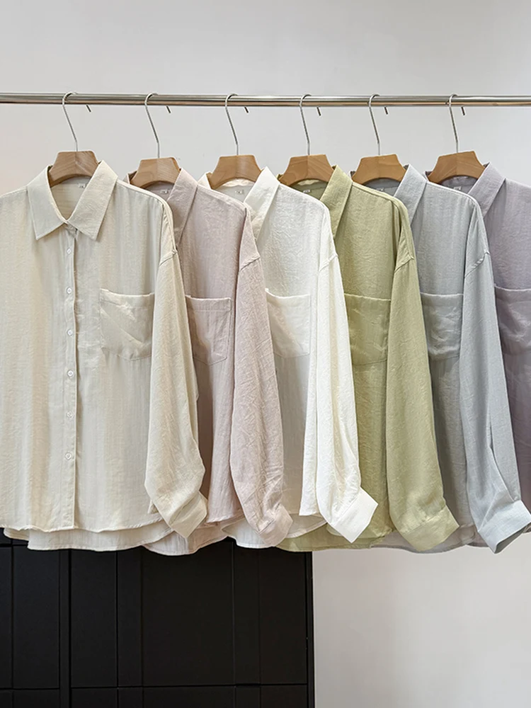 

Linen Summer Sun Protection Women's Shirt Lightweight Luxury Long Sleeve Outerwear Thin Pure Color Loose Coat W743 Casual Style