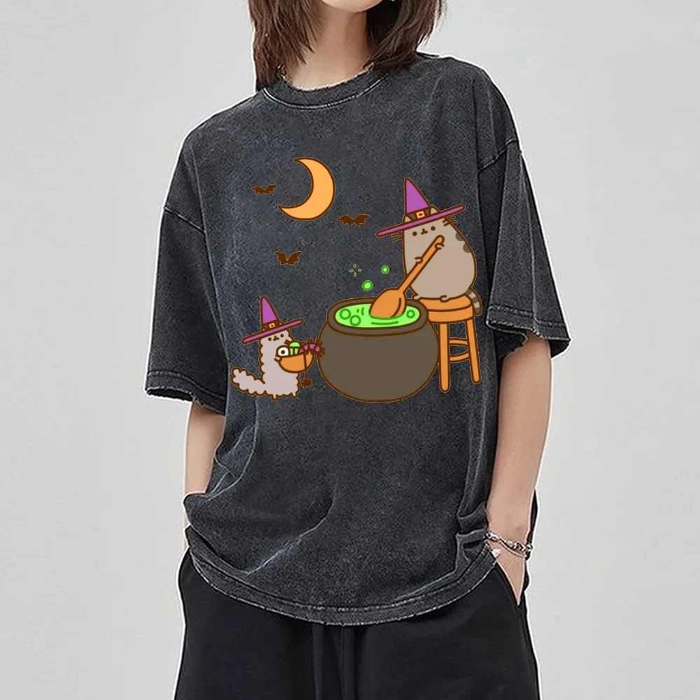 

Женская потертая черная футболка с мультяшным животным принтом, свободная футболка с круглым вырезом и короткими рукавами, унисекс, повседневный милый стильный топ Y2k Hot Sweetheart