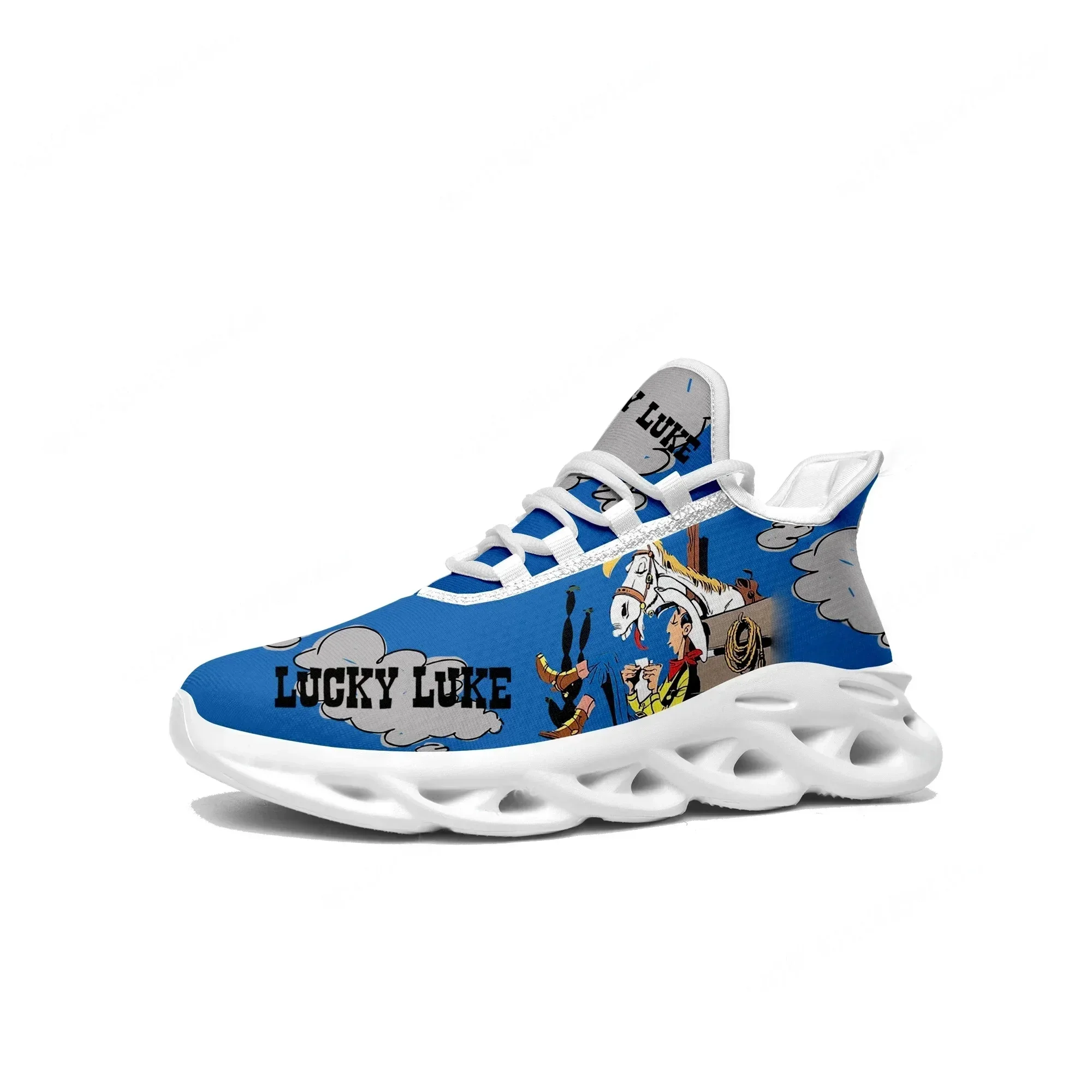 Tênis Lucky Luke Flats para homens, mulheres e adolescentes, tênis esportivos de corrida, alta qualidade, desenho animado de cowboy, calçados de malha com cadarço personalizado