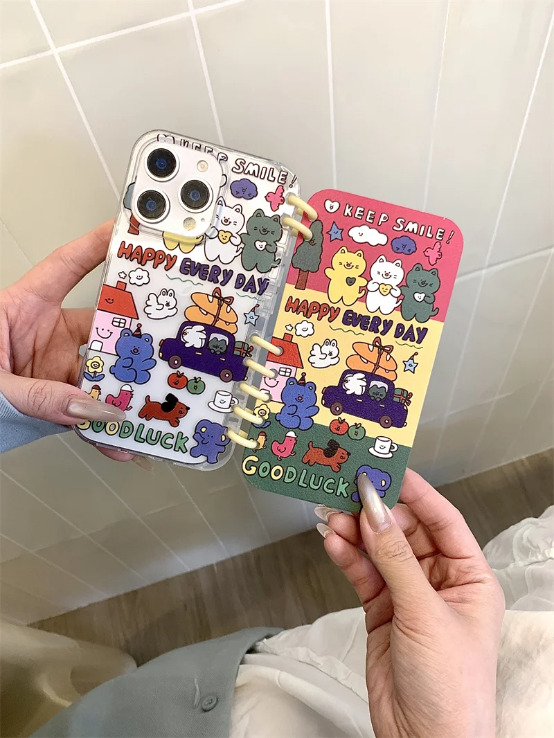 Criativo 3d clamshell bloco de notas quente bonito urso caso telefone para iphone 16 15 14 13 pro max dos desenhos animados gatinho capa à prova de choque funda