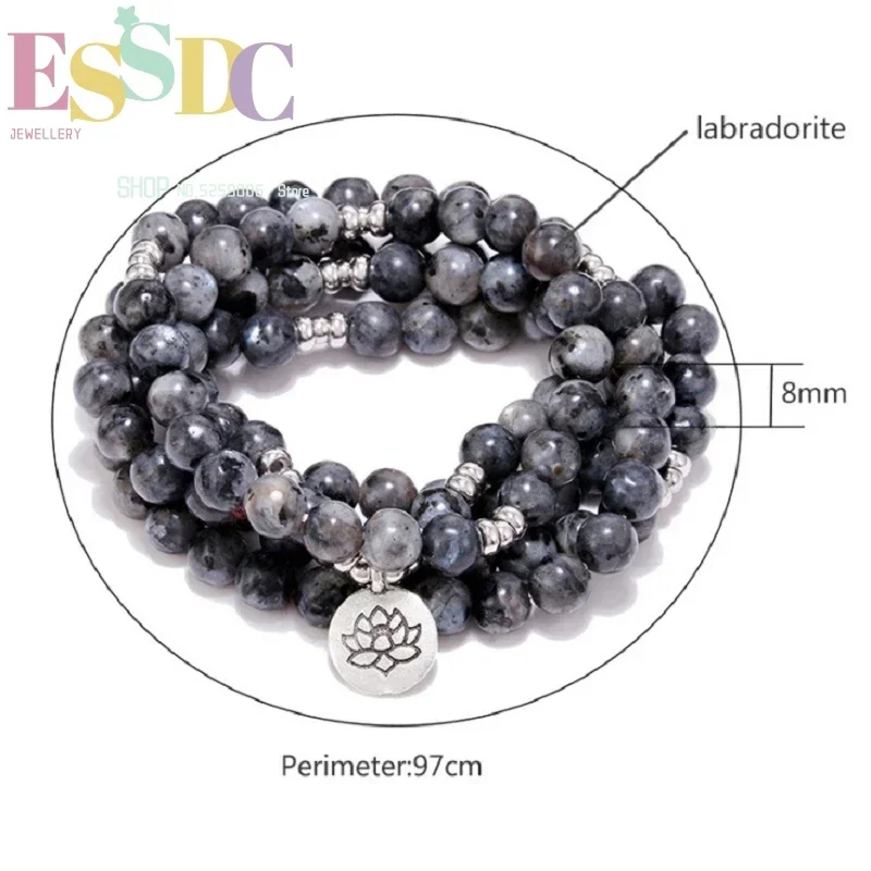 Multi Circles Men Bracelet 8mm 108 Natural Flash Labradorite Stone Beads or Necklace OM Copper Pendant Yoga Meditation