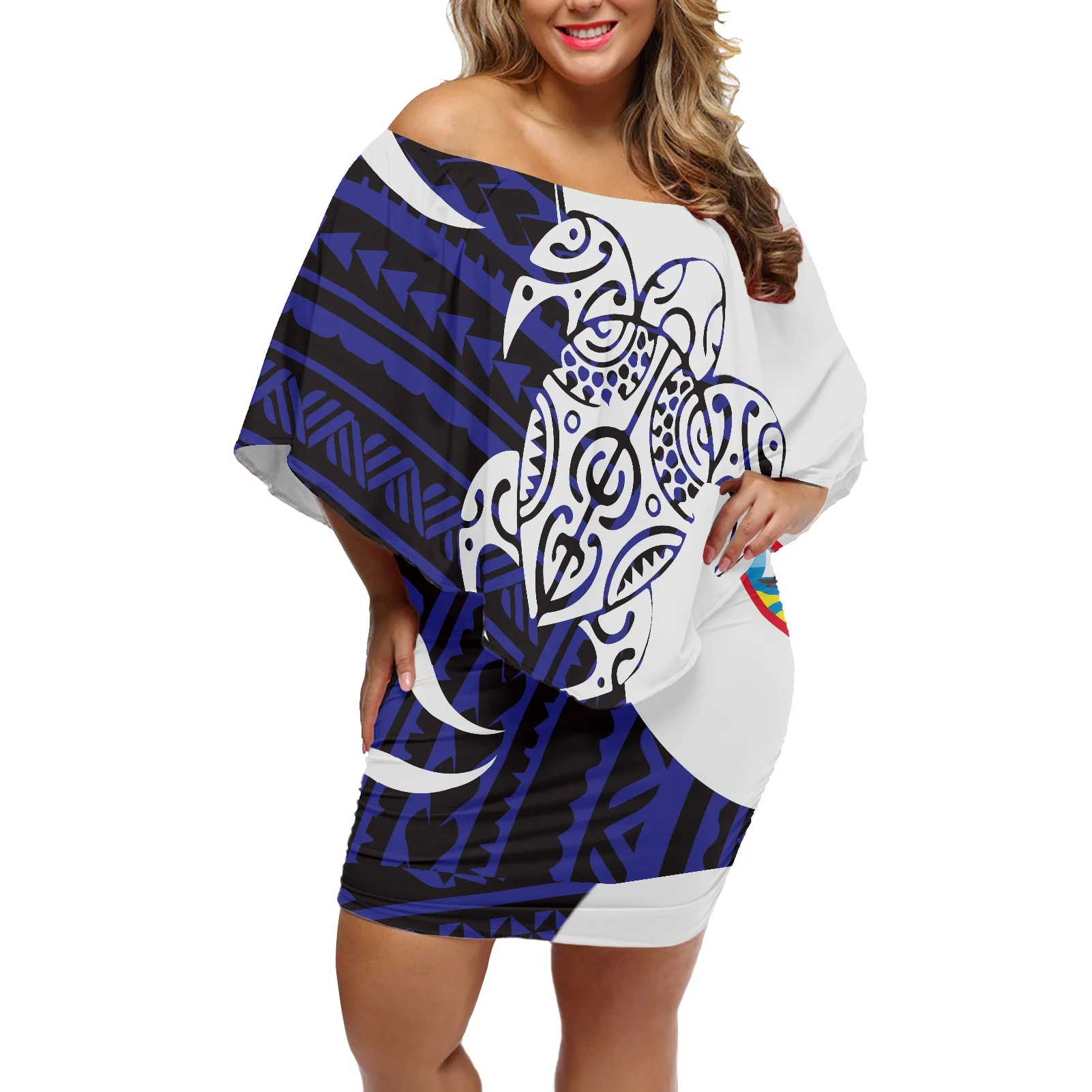 

Summer Womens Clothing Samoa Tribal Pattern Design Sea Turtle Print Short Skirt Off-The-Shoulder Ruffled Plus Size Party Dress