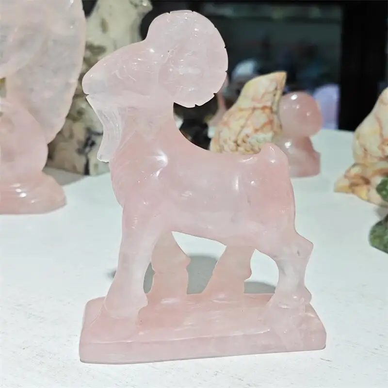 Natural Rose Quartz Goat Carving Craft Animal Gift Crafts Feng Shui Home Decoration Stone Statues 1PCS