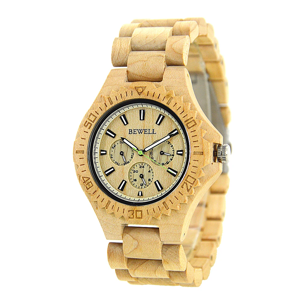 Montre bracelet homme vintage quartz à bracelet entièrement en bois, plusieurs fuseaux horaires, style sport, fermoir pliant et léger