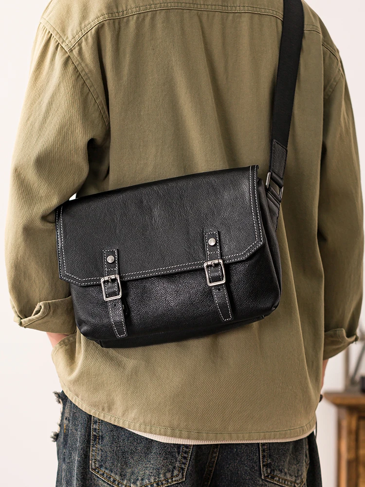 casual designer handmade high-quality genuine leather men's messenger bag outdoor travel luxury cow leather black shoulder bag