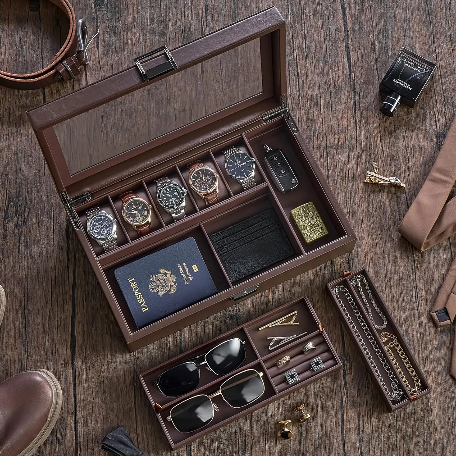 5-Slot Wooden Watch Display Case with Glass Lid, Jewelry Storage Organizer for Sunglasses Rings Accessories, Hidden Compartment