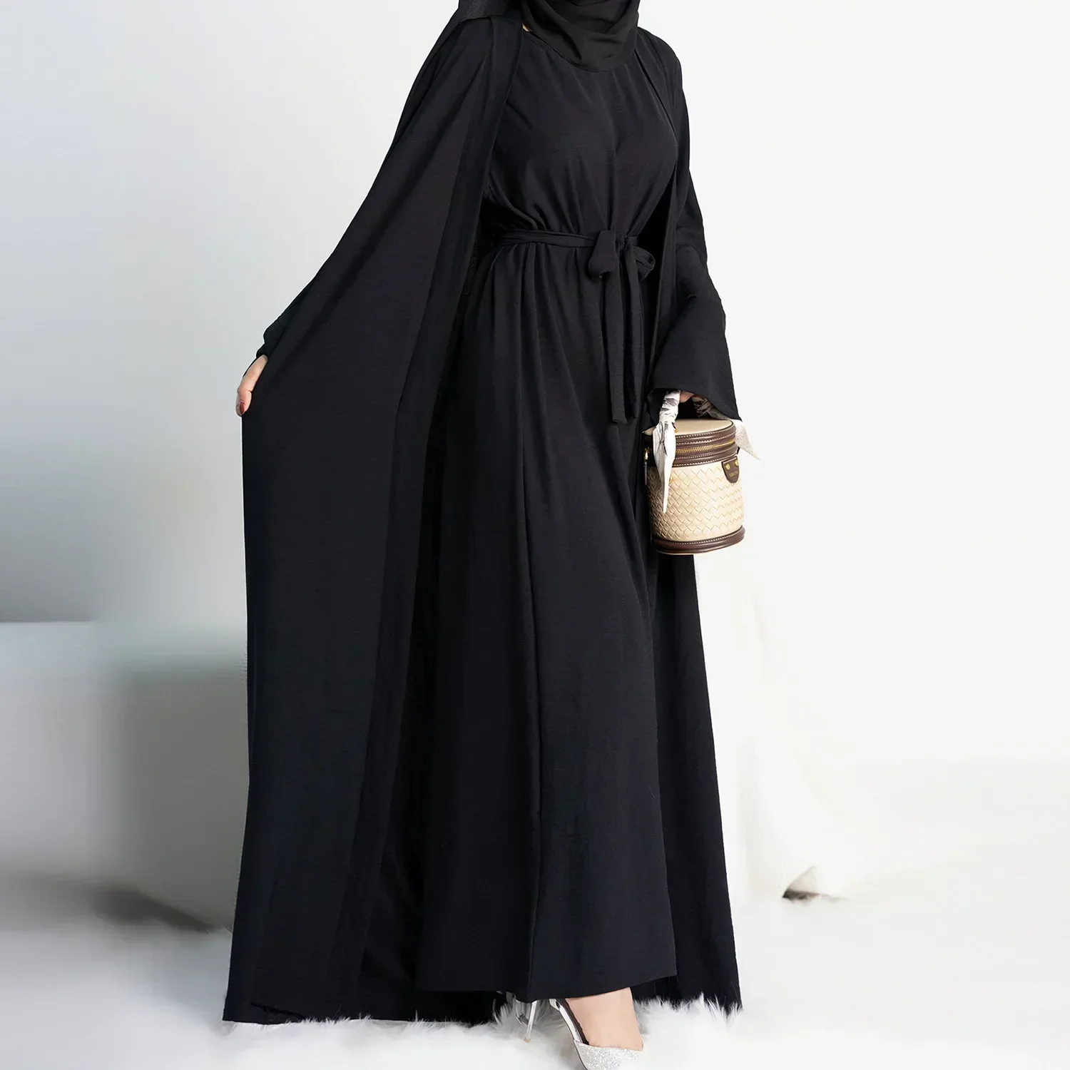 Muslim Woman Set 2 Piece Abaya Kimono with Sleeveless Inner Dress Simple Matching Outfits Dubai Turkey Casual Islamic Clothing