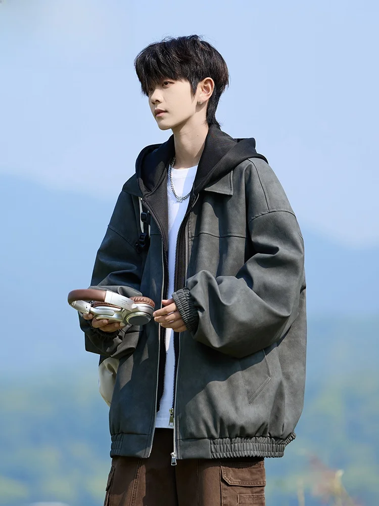 

Wassup Happy Men's American Sle Loose Fit Hooded Jaet Polyester Fabric Autumn Winter Spring Casual Wear Youth ular