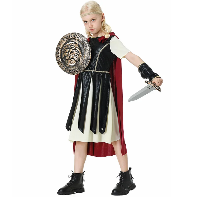 Girls Halloween Rome Spartan Female Warrior Costumes Kids Children Gladiator Cosplay Carnival Purim Stage Role Play Party Dress