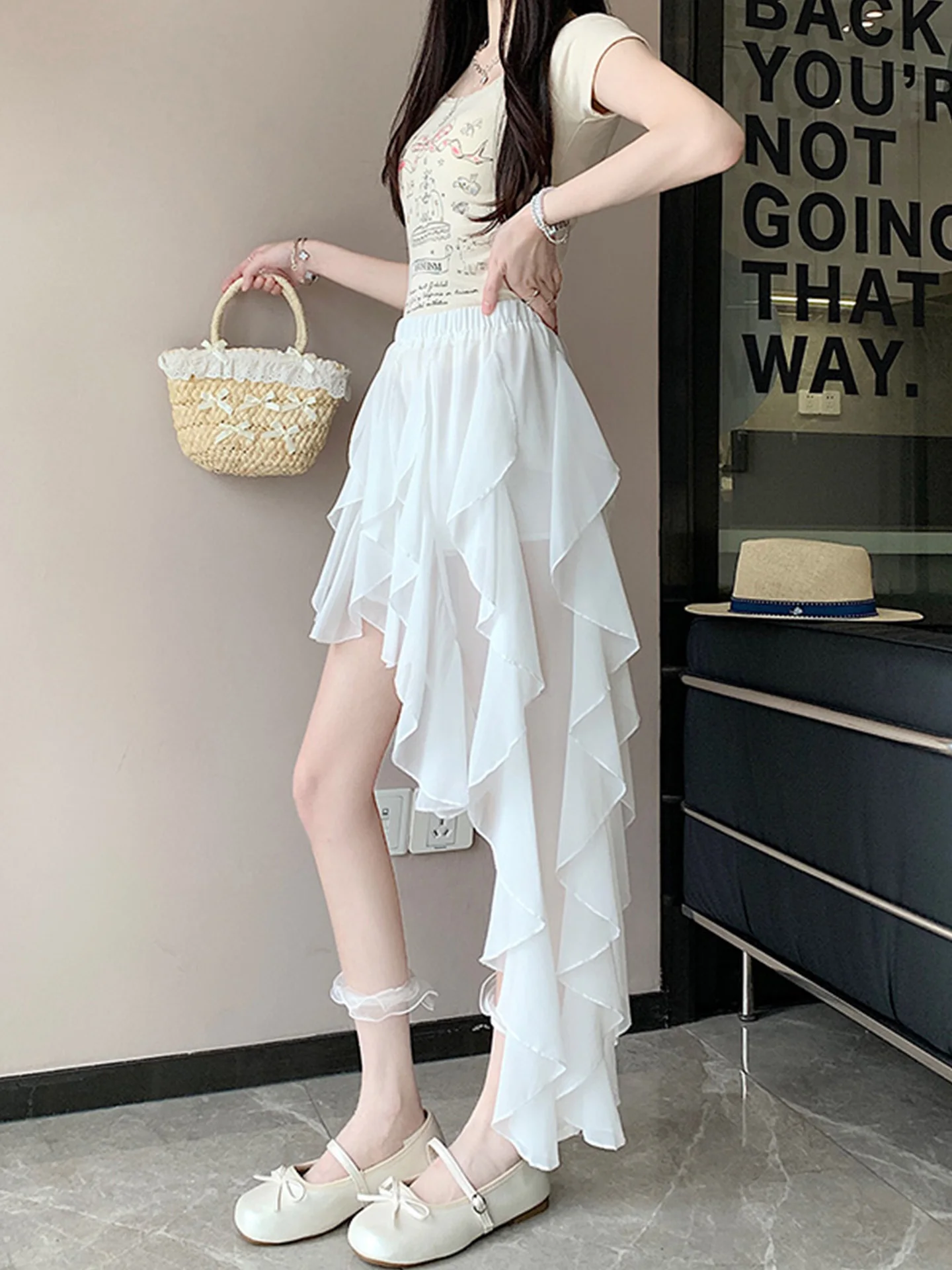 

Модная женская летняя юбка миди А-силуэта с высокой талией, новинка, пышная, средней длины, с кружевным подолом, в корейском стиле, для повседневной носки