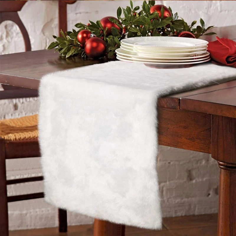 Christmas Plush Table Runner Faux Fur Holiday Kitchen Dining Table Runner for Farmhouse Home Party Decoration