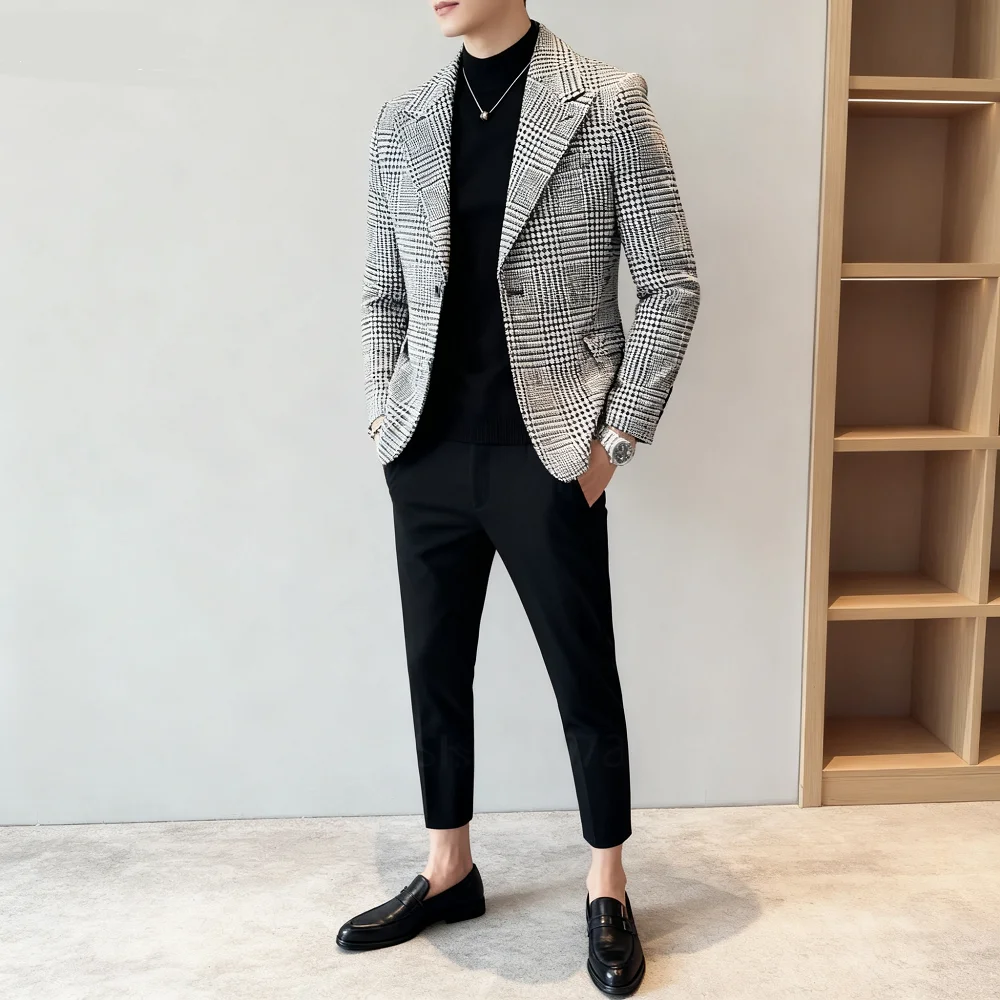 

Облегающий пиджак с узором «гусиные лапки» для мужчин, клетчатая куртка в деловом стиле, однобортный повседневный костюм с остроконечными лацканами, верхняя одежда