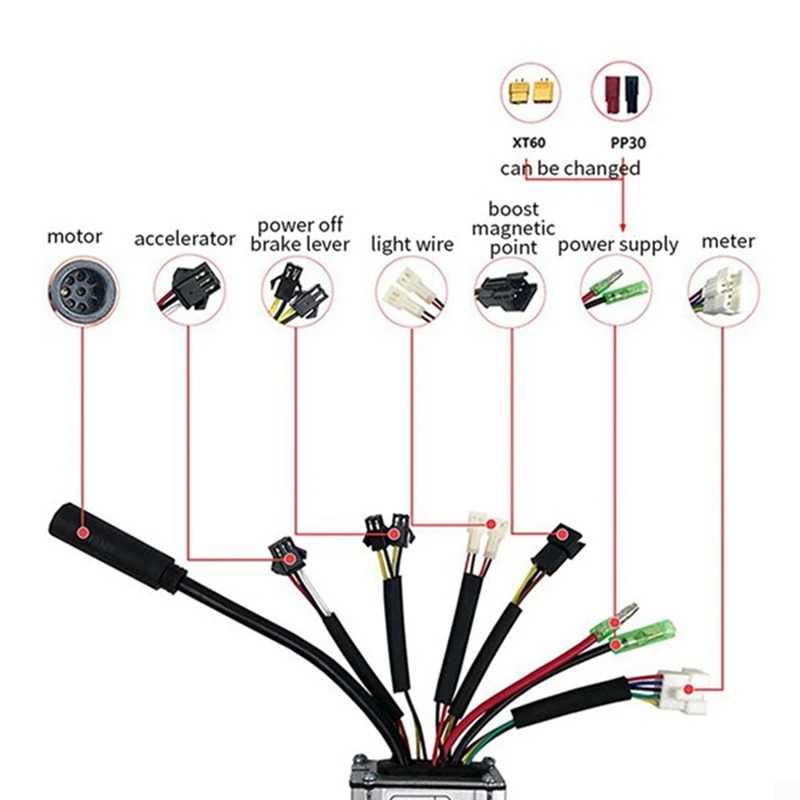 Electric Bicycle KT-22A Controller 36V/48V 9 Tubes Square Wave SM Connector Controller Replacement With Double Headed Light Line