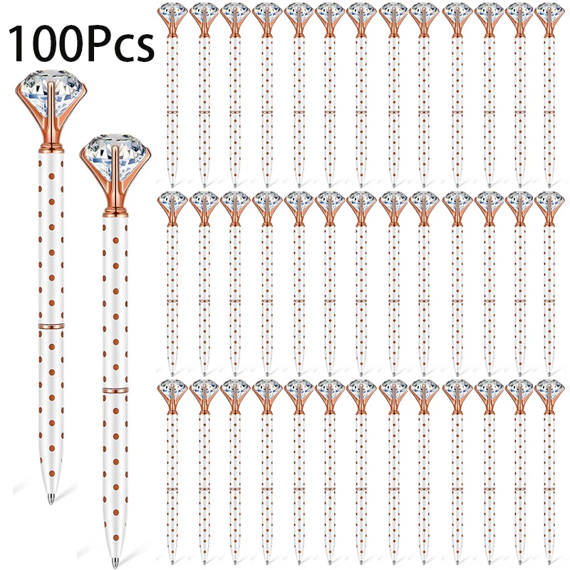

Металлическая шариковая ручка с большими кристаллами, 100 шт., ручки с белыми точками, офисные принадлежности, черные чернила