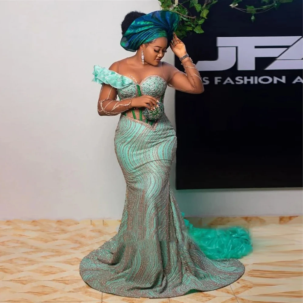 New Arrival Green Beaded Lace Evening Dresses Plus Size African Mermaid Prom Gown Ruffled Train Nigerian Wedding Reception Dress