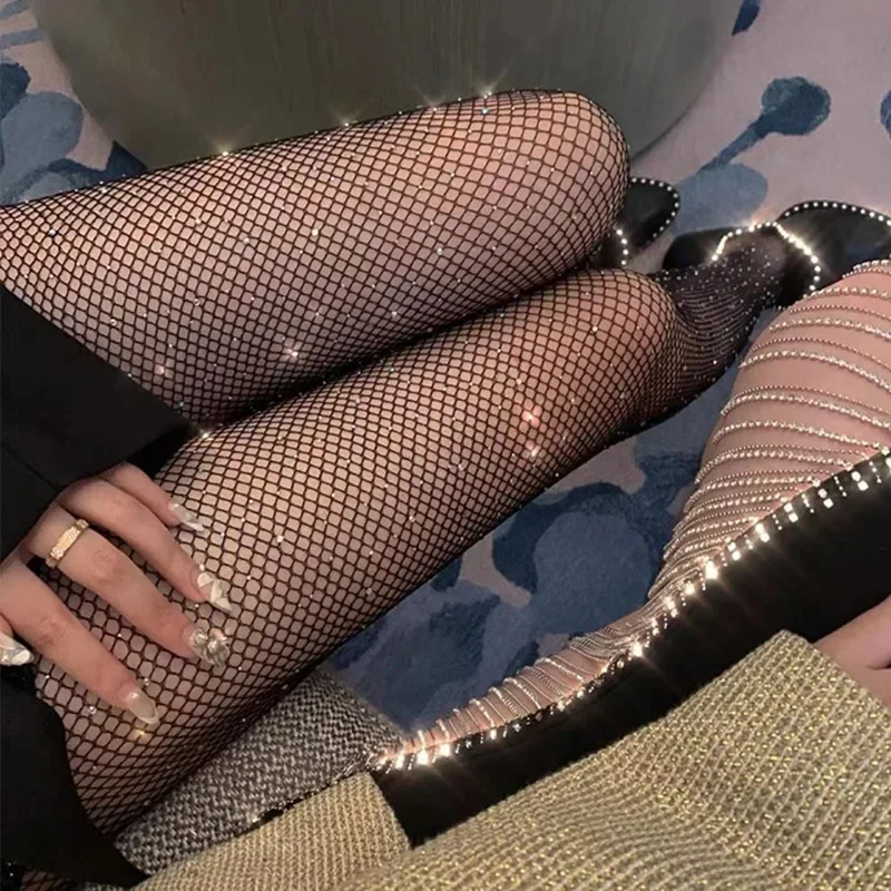 2024 verão fishnet diamante meia-calça para mulheres sexy moda brilhante net collants feminino fino strass malha elastano meias tigh