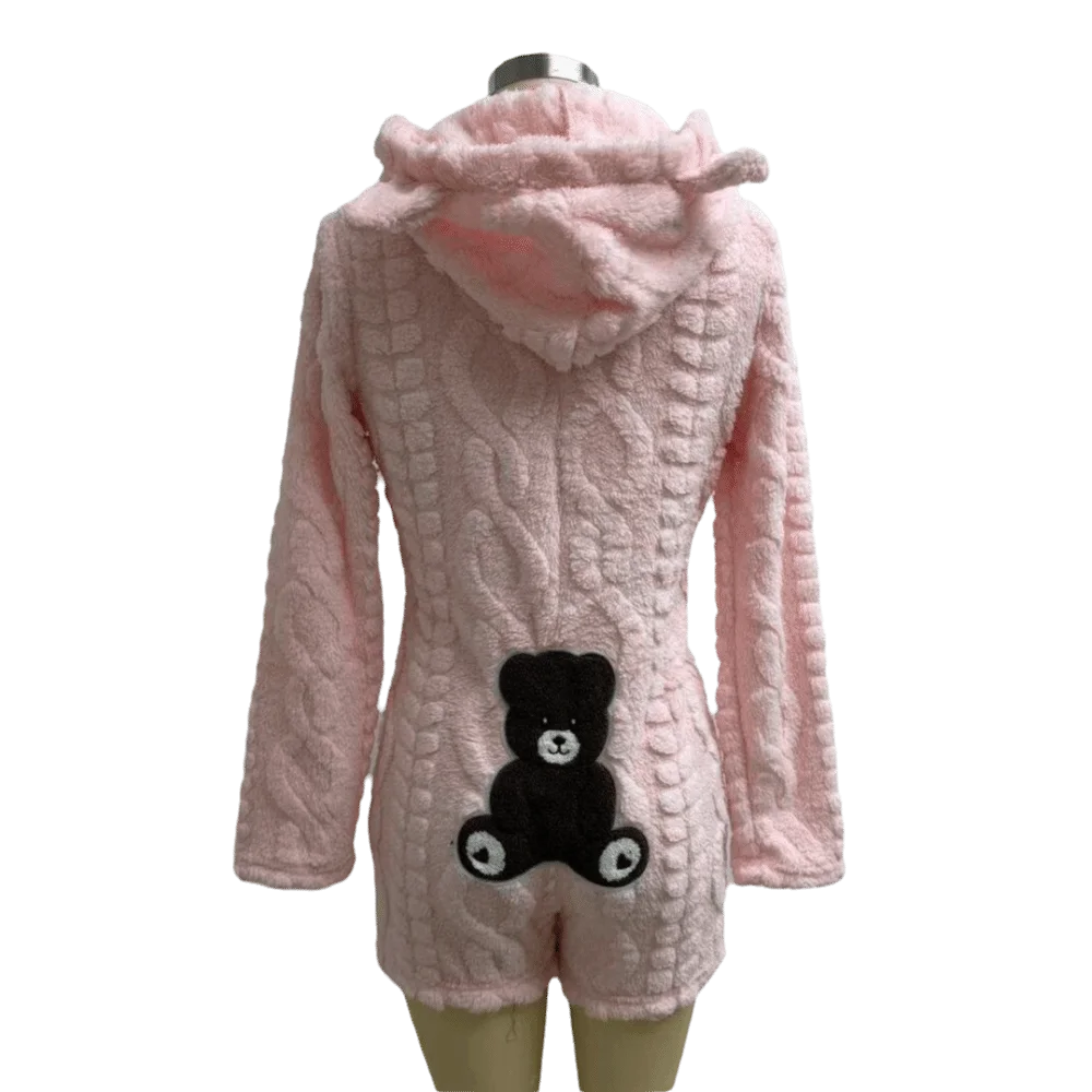 Kawaii Hooded Jumpsuit Romper Nightwear Long Sleeve Warm Plush Romper Pajamas Bear Ear Conjoined Pajamas Home Loungewear