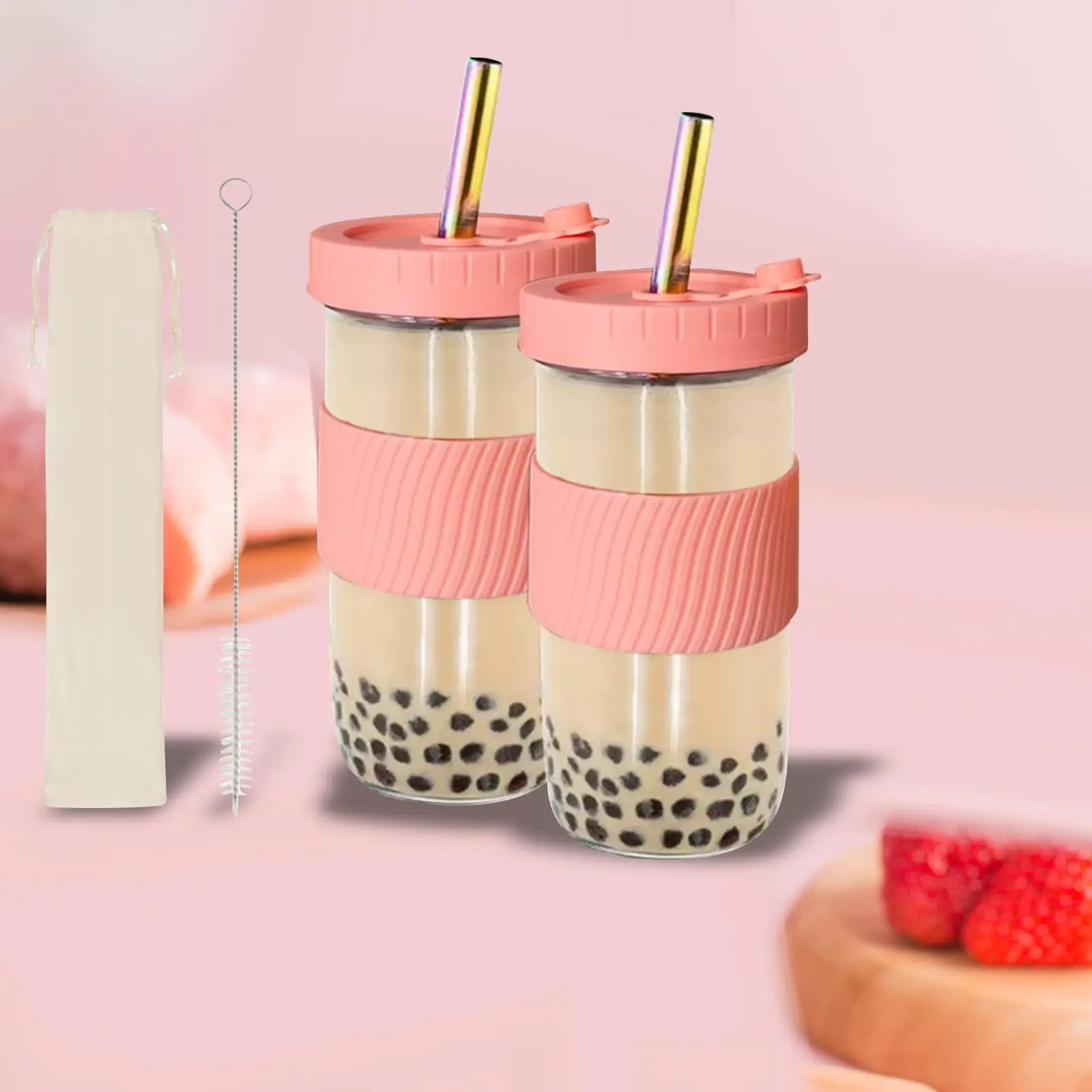 Reusable Water Cup Set 24oz with Lid Straw Large Capacity, Smoothie Mugs, Glass Kit for Juice Drinking Cold Iced Travel