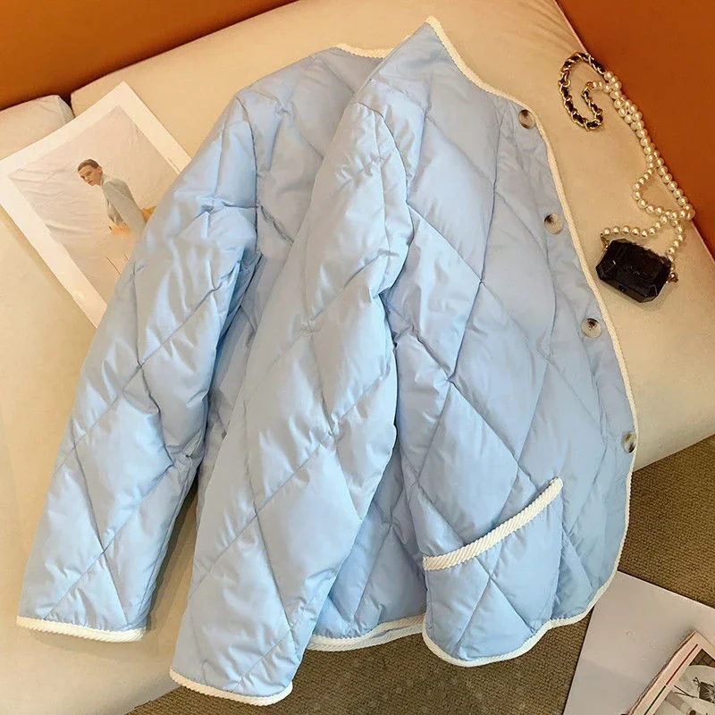 DAYIFUN-Women's Blue Diamond Grid Cotton Jacket,Loose,Short Winter Ladies Coats,Single Breasted Female Jackets with Pockets