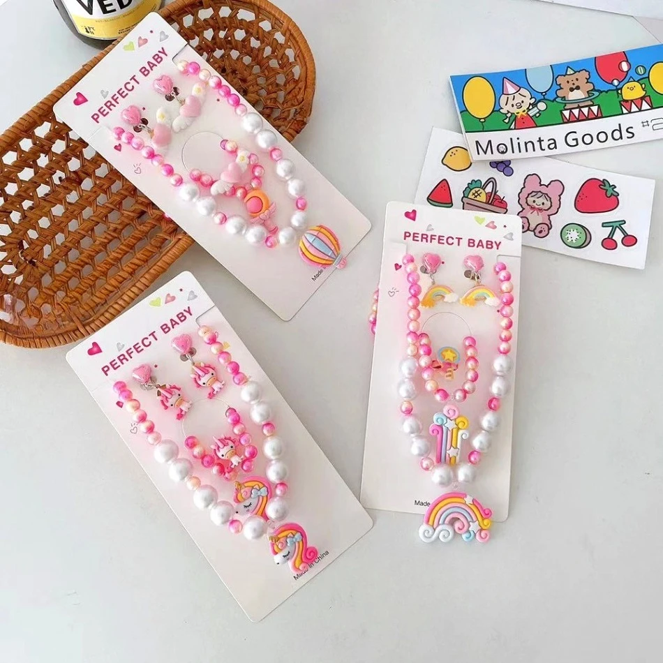 

3sets Children Necklace Jewelry Ear Clips Ring Unicorn Cute Girl Gift Rainbow Bracelet Toy Toddler Little Girl Baby Jewelry Set