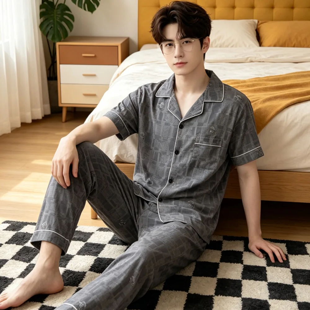 New Men's Three-Piece Sleepwear Set Pure Cotton Short Sleeve Shirt and Pants Lightweight Summer Home Clothes Outdoor Wearable