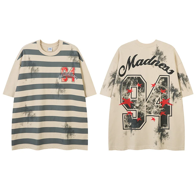 

New men's new short-sleeved cotton tops men's summer American retro striped printed jersey trendy brand heavy T-shirt