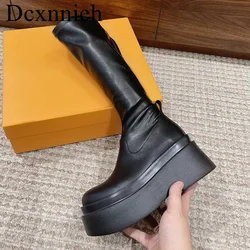 Wedges Heel Thick Sole Knee High Boots Women Round Toe Real Leather Platform Slim Long Booties Autumn Winter Shoes Knight Boots