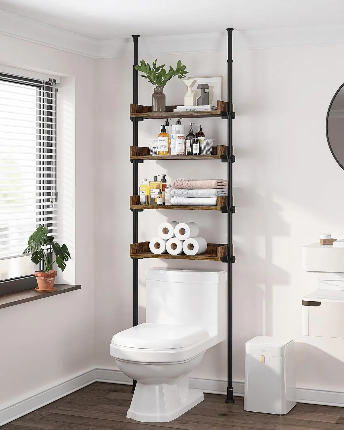 

Bathroom Organizer, Over The Toilet Storage, 4-Tier Adjustable Wood Shelves for Small Rooms, Saver Space Rack, 92 to 116 Inch Ta