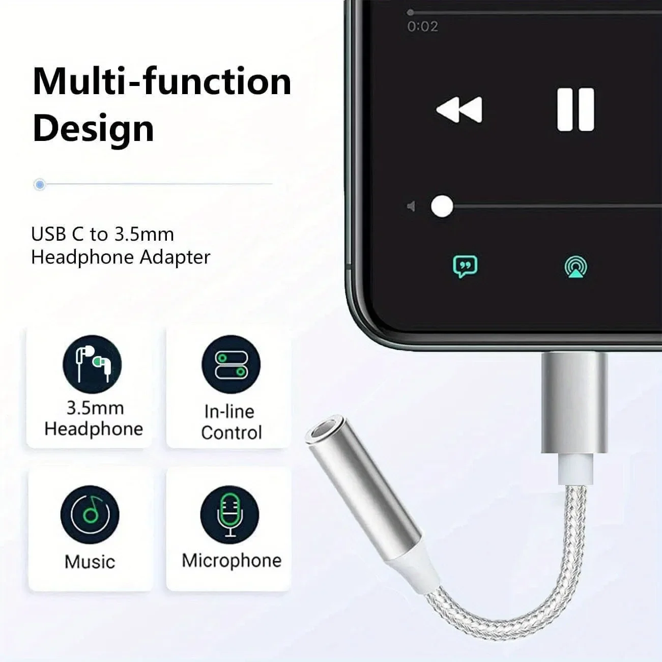 Type‑C to 3.5mm Audio Adapter Cable, Braided Type C Male to 3.5mm Female Aux Jack Converter for Headphone Speaker Stereo Audio