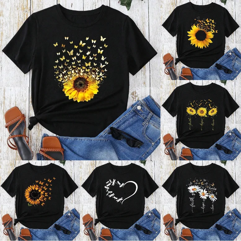 

Женская футболка с принтом подсолнечника, черная футболка с коротким рукавом с рисунком ромашки и универсальный летний топ для повседневной носки и отпуска