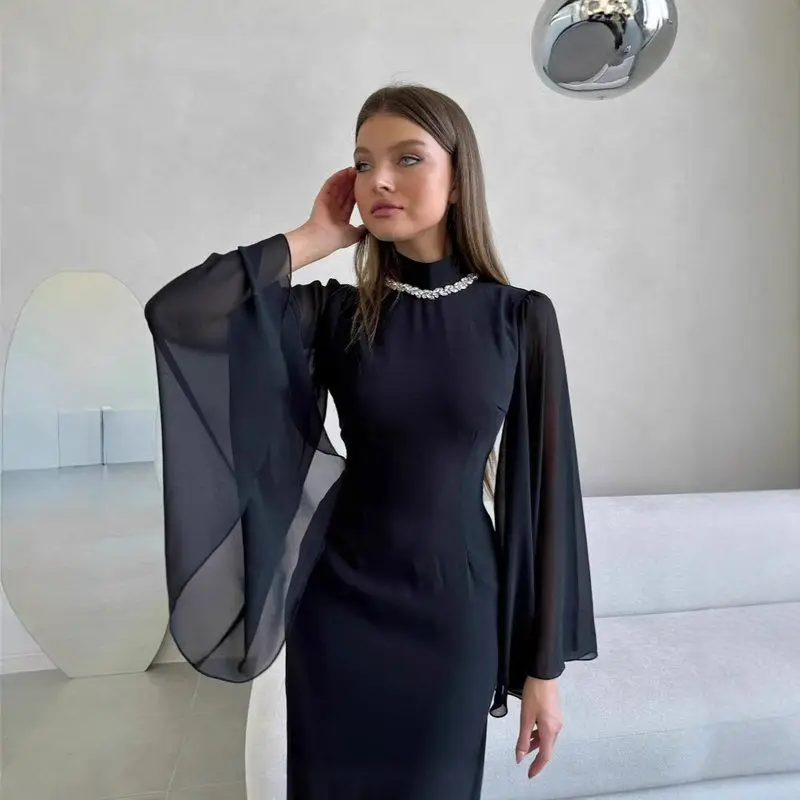 2025, neues SLE-Slim-Fit-langes Abendkleid mit mir, Spleißen und weitem Sves, Perlendekoration, Pendler-SLE mit mittlerer Taille