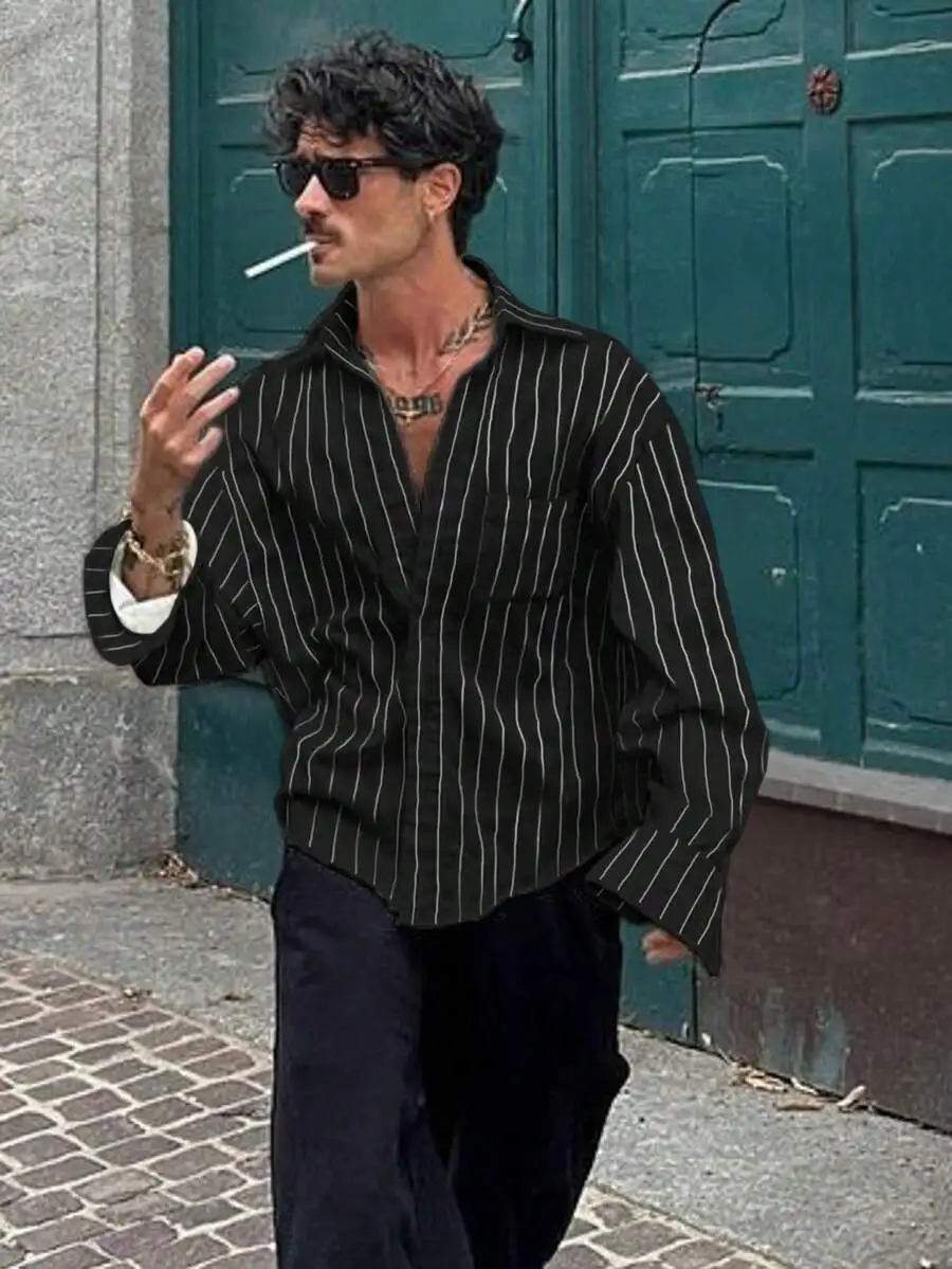 

Men's Black White Striped Long Sleeve Casual Shirt for Spring Autumn