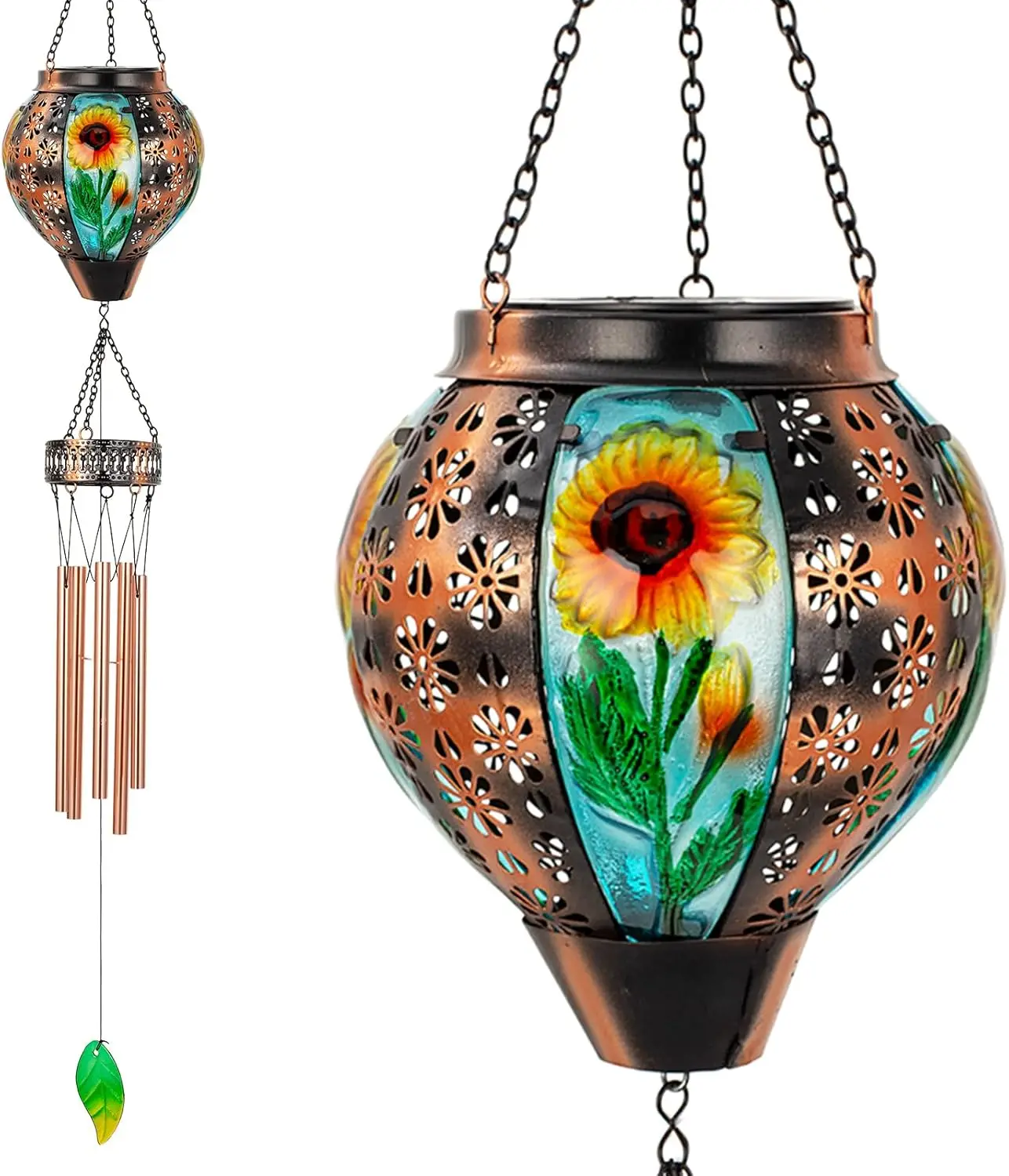 

Solar Wind Chimes with LED Lantern, Sunflower Design for Outdoor Garden Decor, Deep Tone Memorial Gift