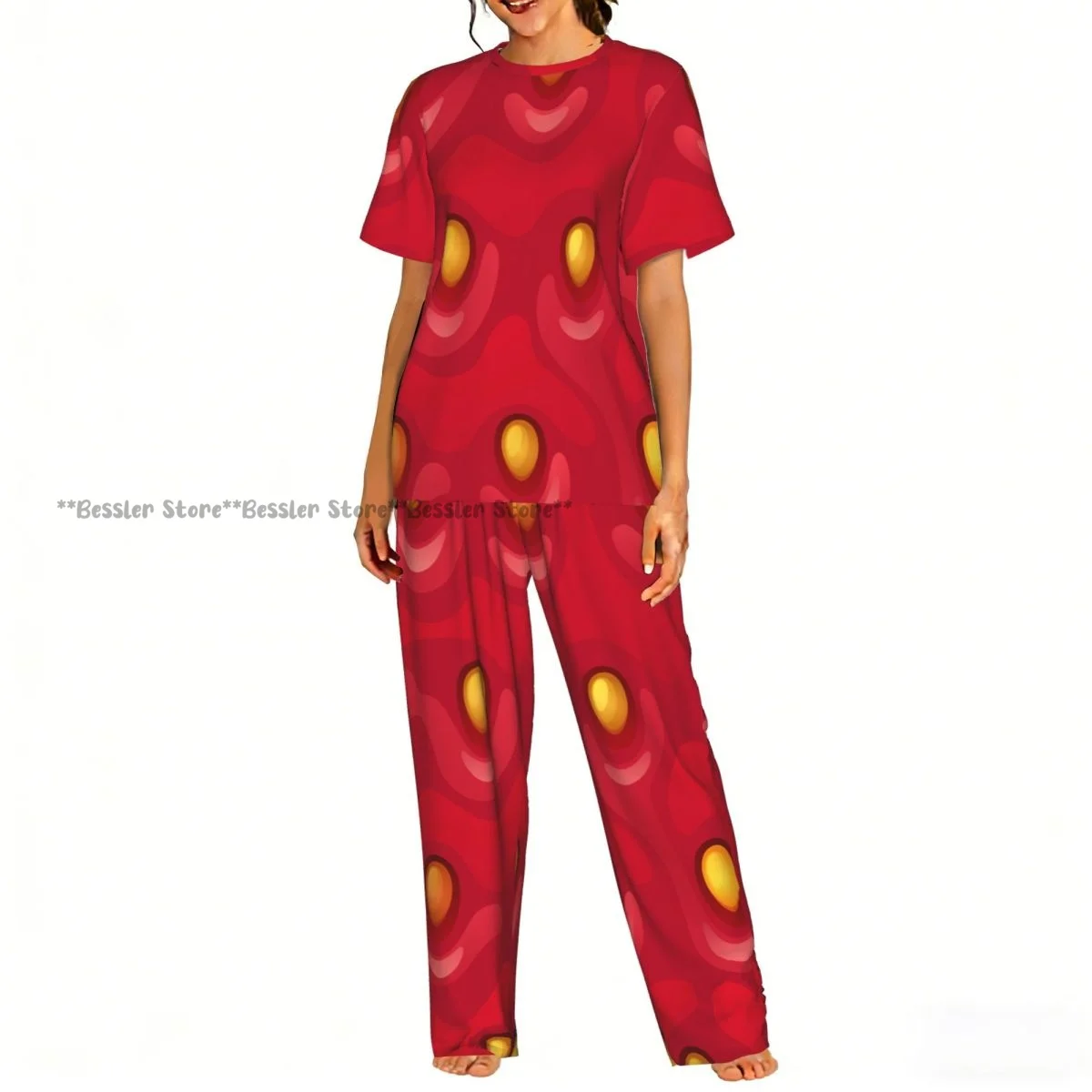 Women's 2-piece set Strawberry Textures Pajamas Short sleeved Top and Pants Sleepwear