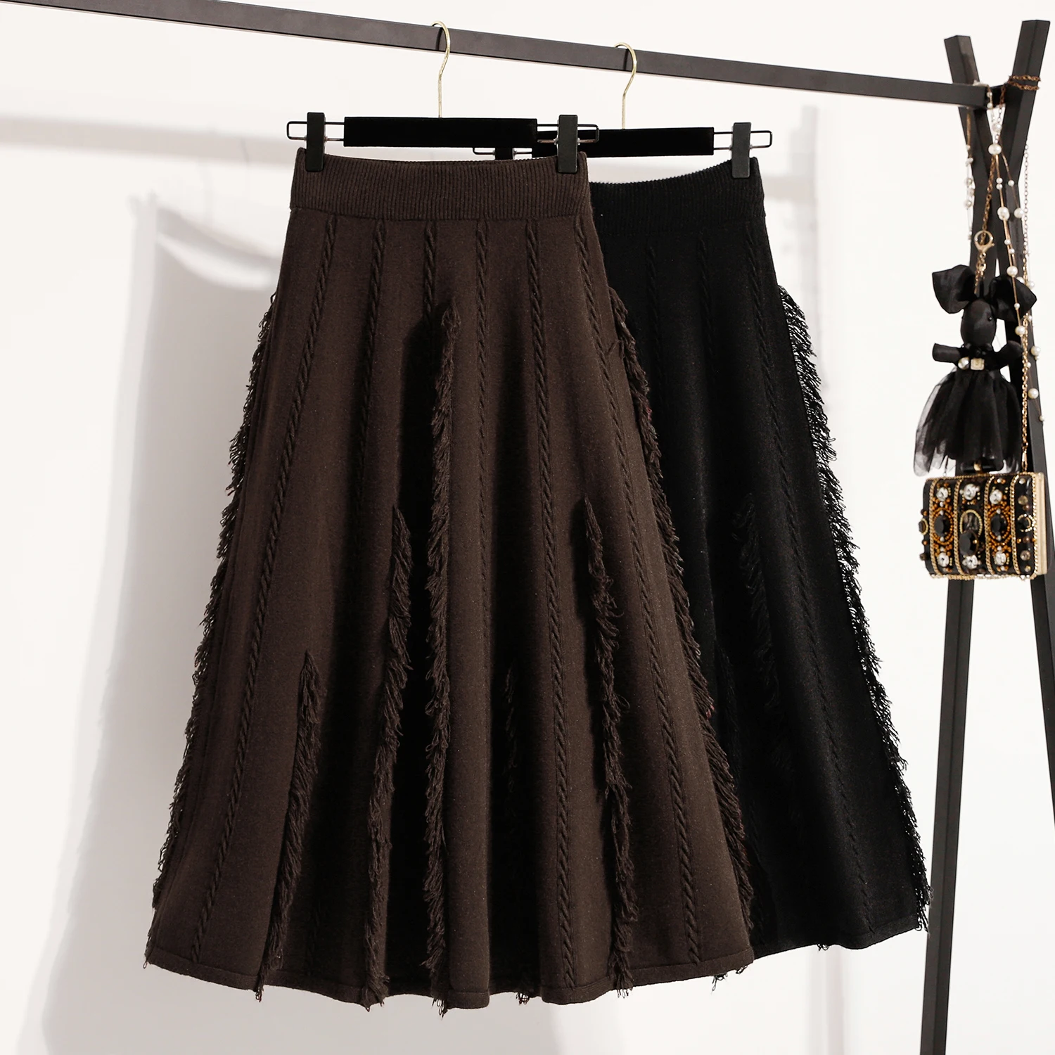 

High Waist Knitted f Skirt with Tassel Large Flounce A-Line Pure Color High Quali Autumn Winter Thiened Cotton Blend