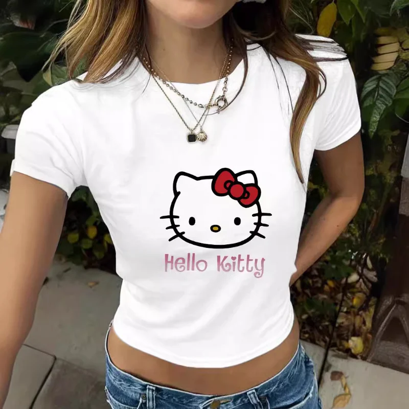 

Summer Aesthetic Patchwork Crop Top Women Vintage Punk Hello Kitty Print Short Sleeve T-Shirt Sexy style Y2k Clothes Pink Tee