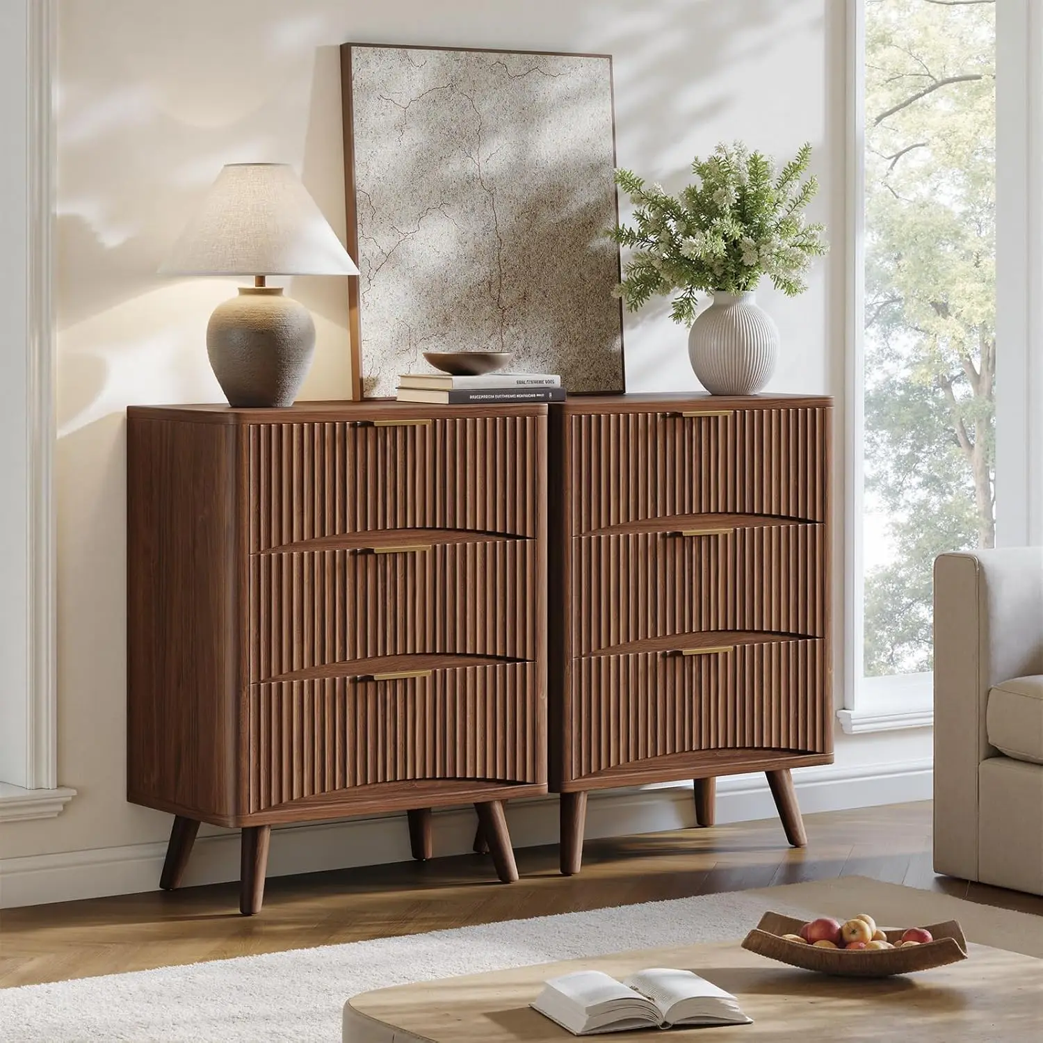 29'' Tall Fluted Nightstands Set Of 2 Walnut 3 Drawers Wooden Bedside Table Mid Century Modern Bedroom, Customized - view 5