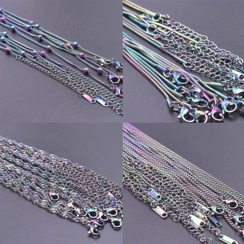 2/5Pcs Rainbow Color Chain New Personalized Round Bead Necklace Chains For Jewelry Making DIY 304 Stainless Steel Chains BulK
