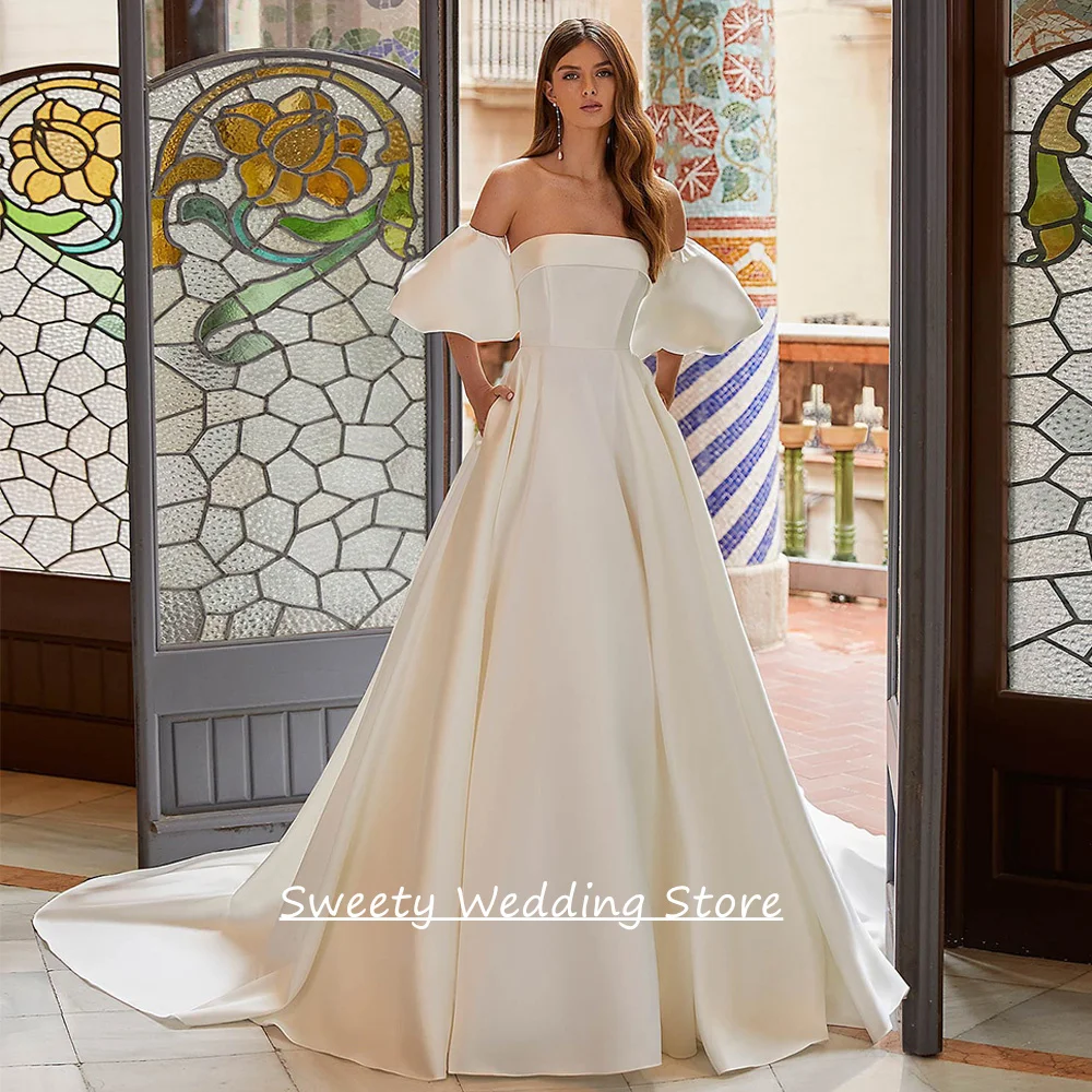 

Princess Wedding Dress Detachable Off Shoulder Customized Strapless Draped Skirt Back Zipper Buttons Sweep Train Bride Gown