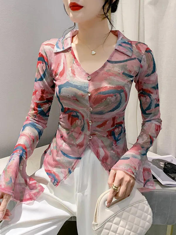 Fashionable Printed Mesh Slim Fit Long Sleeve Base Shirt Women's Top Stylish Casual Style round Neck Thin Fabric Autumn New A...