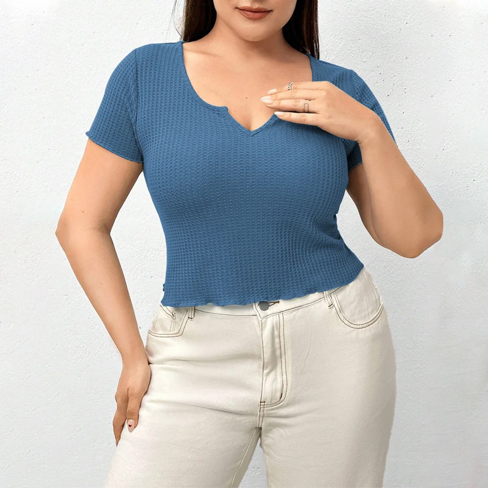 Plus size waffle breathable slim temperament solid color T-shirt top oversized t shirt my body my choice