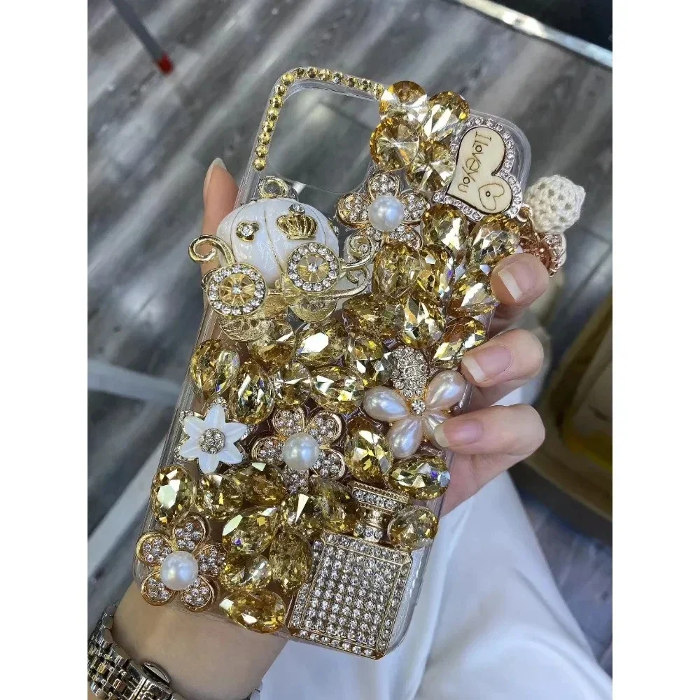 Luxury 3D Diamond Phone Case for iPhone 14, 15, 13, 12, 16 Pro Max, Perfume, Pumpkin, Rhinestone Back Cover