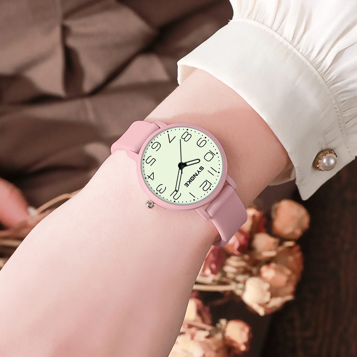 Women Watches Alloy Case 34mm Silicone Strap Luminous Dial SYNOKE Brand Waterproof Quartz Watch Ultra-thin Ladies Wristwatch