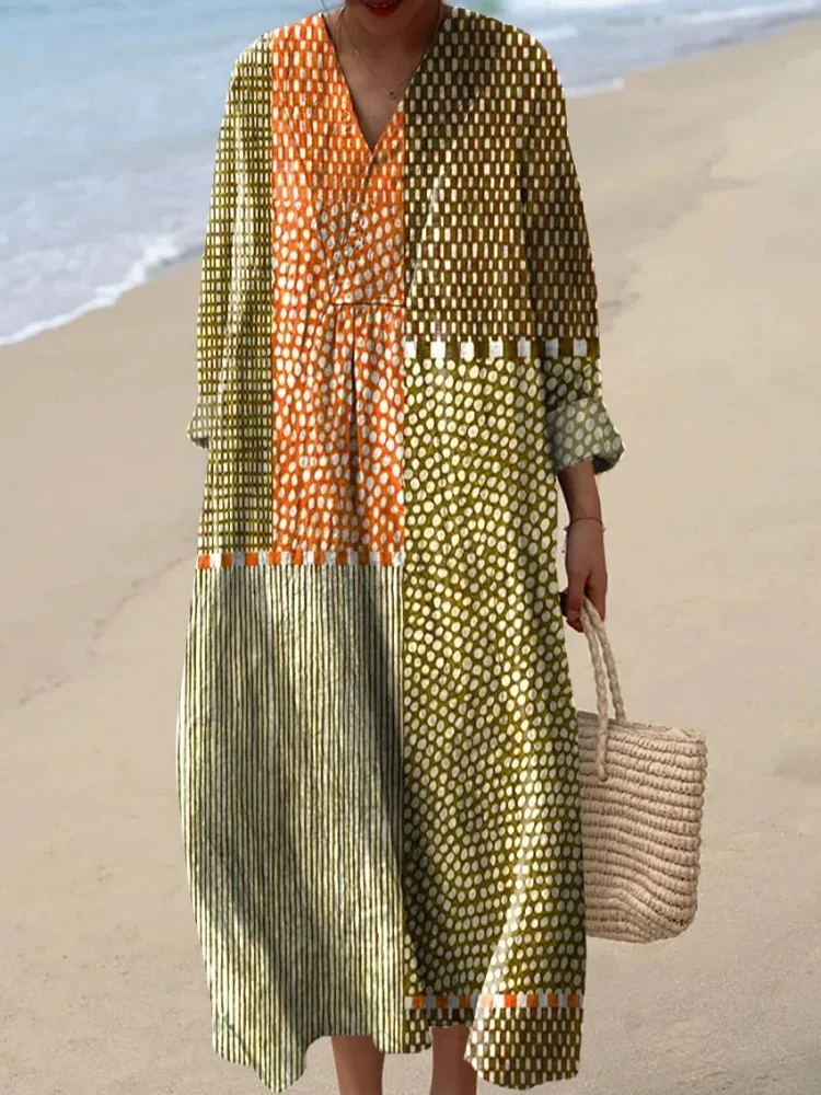 Abito da donna con stampa artistica astratta a pois e righe, alla moda, a maniche lunghe, scollo a V, vestito oversize, stile bohémien chic