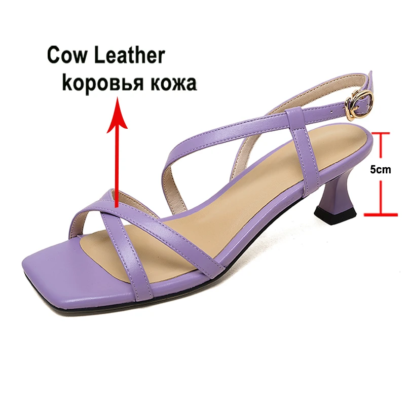 Meotina Women Genuine Leather Sandals Square Toe Thick Mid Heels Buckle Narrow Band Ladies Fashion Concise Casual Shoes Summer