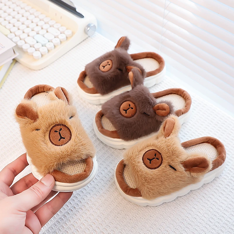 

Capybara Slippers Children's 2025 Autumn Anti-slip Cartoon Slippers Linen Floor Shoes Indoor Breathable Home Slippers Kids Shoes