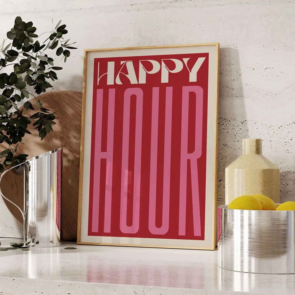 

Retro Trendy Happy Hour Quote Black Red Wall Art Prints Canvas Painting Poster Pictures For Kitchen Room Home Decor