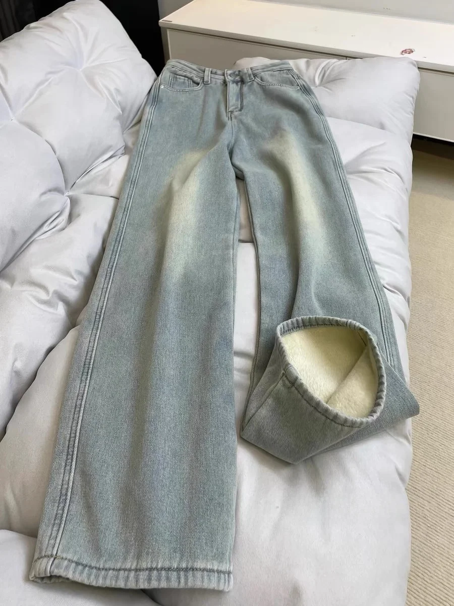 

Женские зимние прямые джинсы на подкладке с высокой талией, свободный крой, утягивающие драпированные универсальные узкие широкие брюки