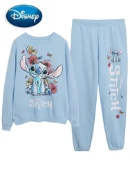 Disney Sweatshirt Stitch Little Monster Flowers Letter Cartoon Print Women O-Neck Long Sleeve Fleece Top + Pants Trousers 1 Sets